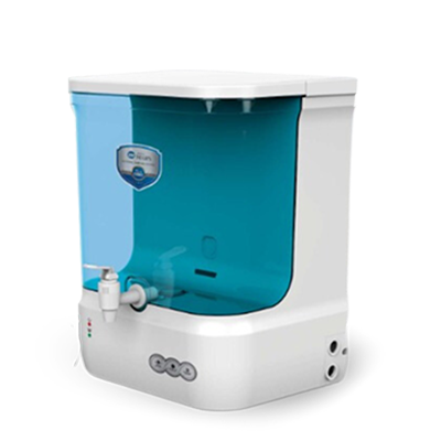 Aqua Mars water purifier, in stylish colors like Blue, Aqua Green, Stone Badge, Black, and Premium Grey, offers wall or countertop installation. It has an LED indicator, food-grade ABS plastic for safety, a 12-15 L/hr purification capacity, and a 9 L storage tank for clean drinking water at your convenience.