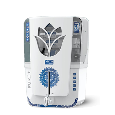 The Deltin Pure water purifier utilizes a 6-stage purification process, combining RO, UV, Alkaline B12, Copper, and TDS Control to handle water with a TDS level of up to 3500. It features a 12-liter intelligent UV-protected water storage tank, delivering a purification rate of 15 to 18 liters per hour with a 95% to 98% TDS rejection rate.