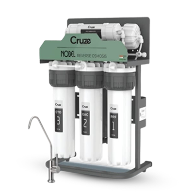 The Cruze Nobel RO+Alkaline Water Purifier boasts a robust M.S. coated body and offers a high purification capacity of 17 to 18 liters per hour, with a maximum duty cycle of 75 liters per day. It utilizes an 80 GPD RO membrane and a 100 GPD booster pump, effectively purifying water with TDS levels of up to 2500 ppm.​
