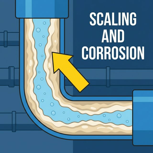 Cross-section view of pipe showing severe hard water scale buildup
