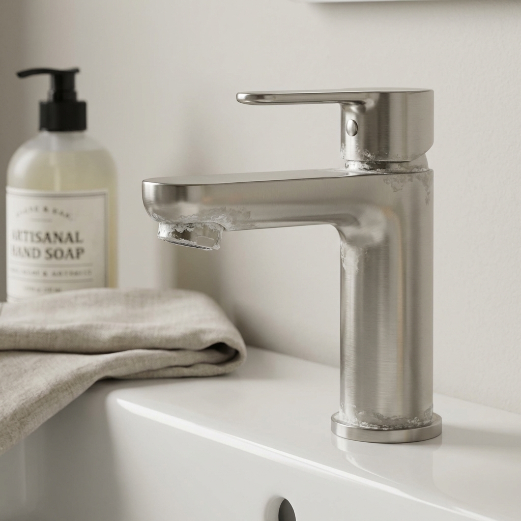 Hard water scale buildup on faucet and showerhead