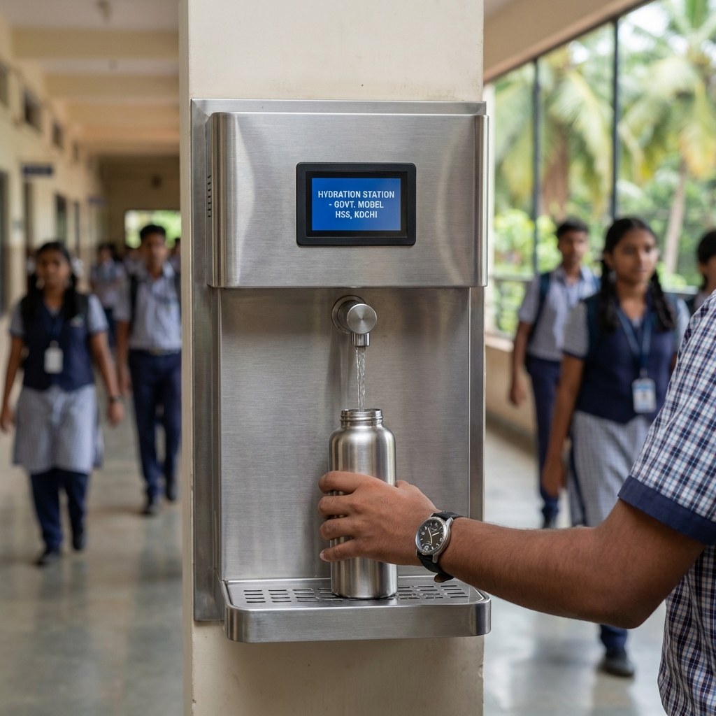 Modern school water station with bottle filling station in Kerala