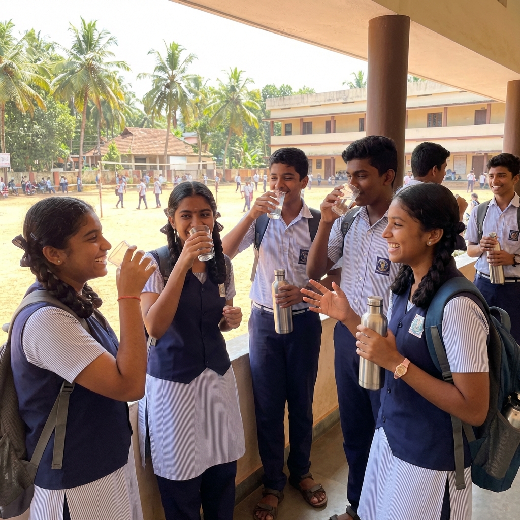 Happy students drinking clean water at school
