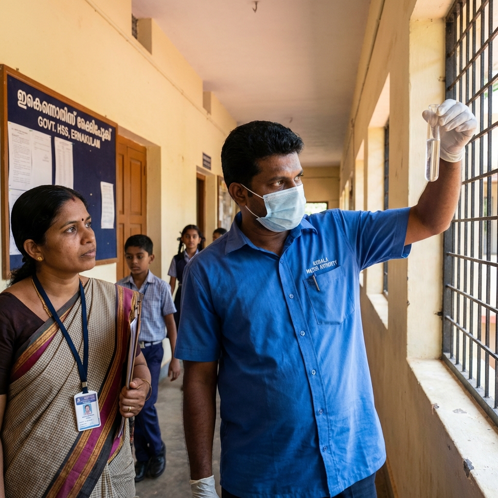 Technician testing water quality in a Kerala school