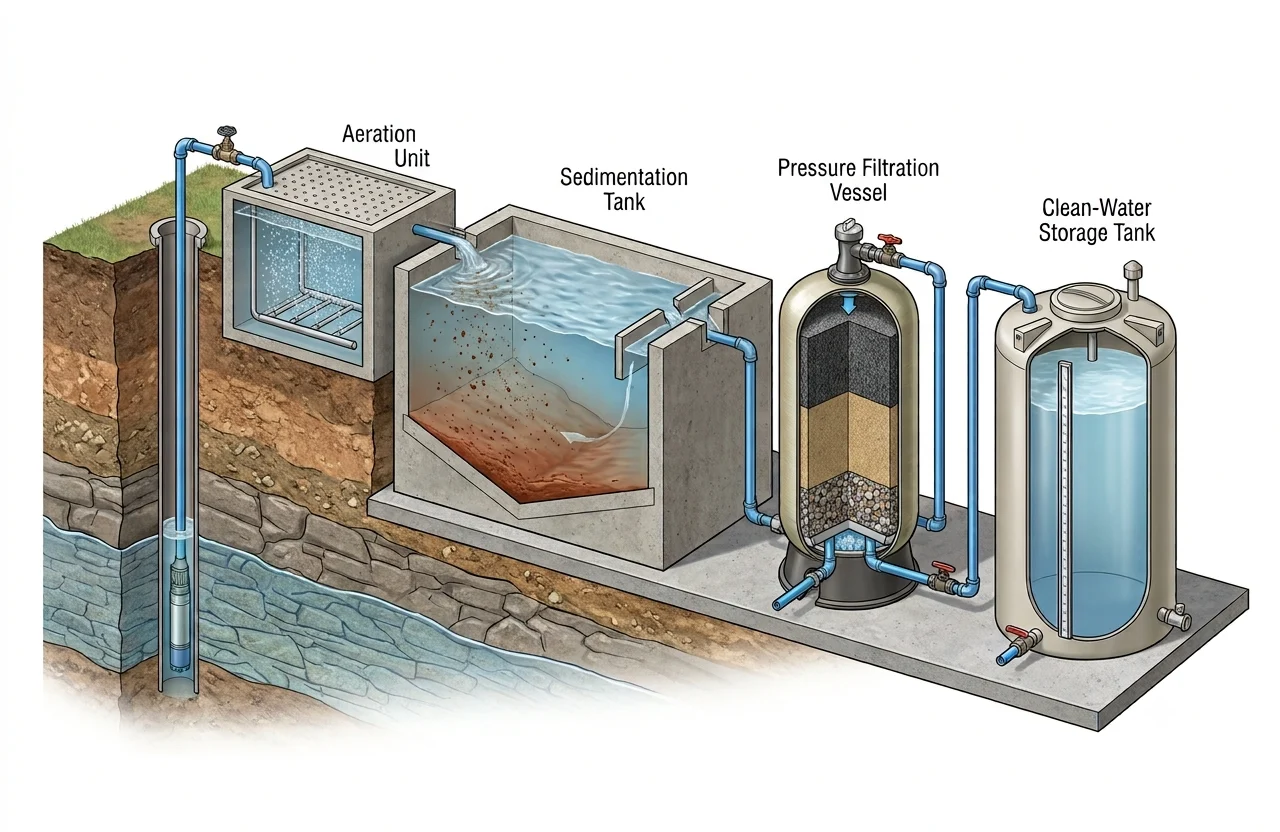 Diagram of a borewell water treatment train: aeration unit, sedimentation tank, pressure filtration vessel and clean-water storage tank