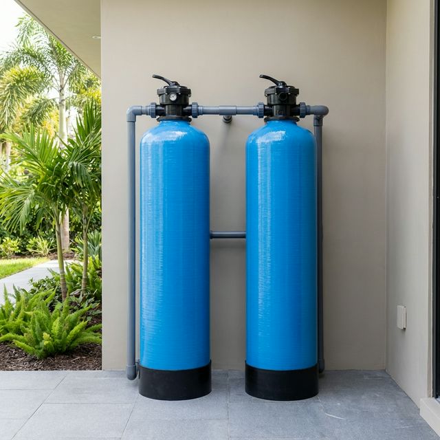 Whole house water filtration system featuring two tall blue cylindrical tanks side-by-side with black control valves and PVC piping, installed on an outdoor patio