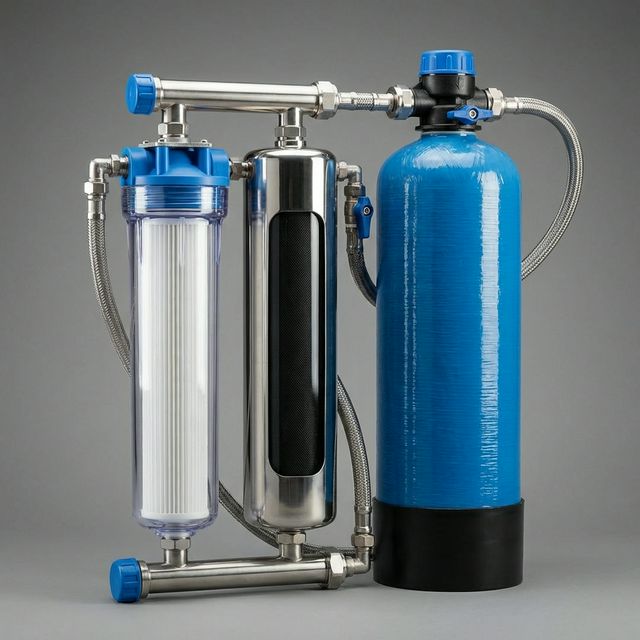 Multi-stage water filter system showing sediment carbon and softener stages