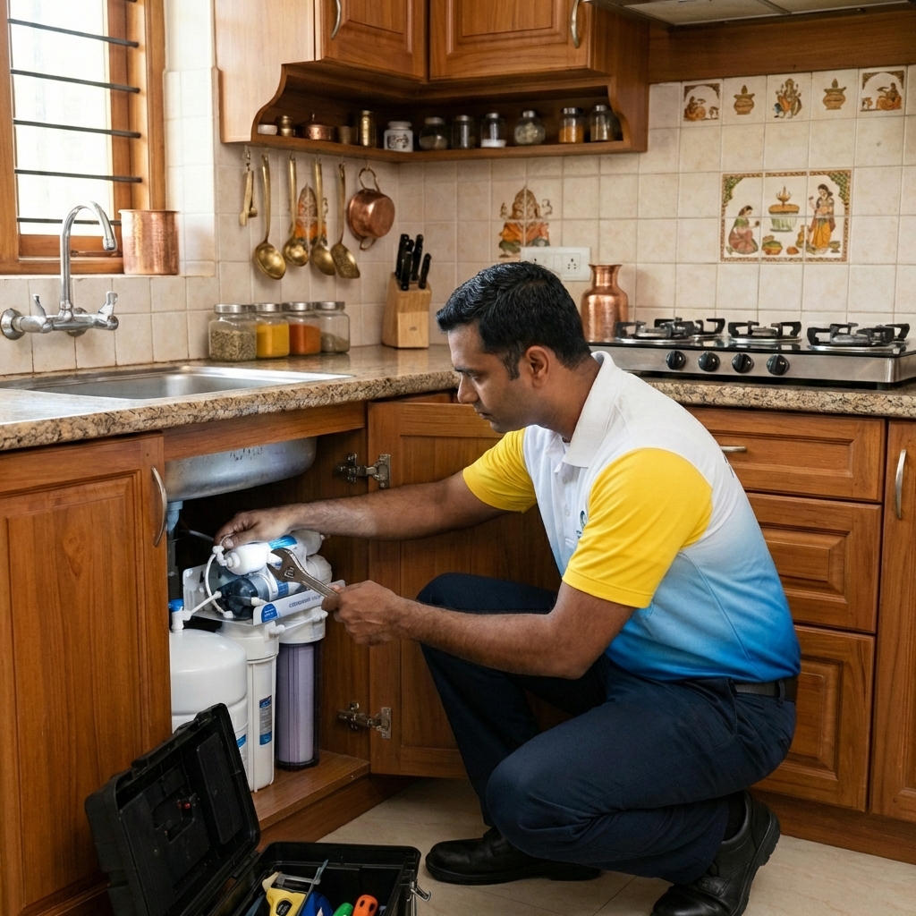 വാട്ടർ പ്യൂരിഫയർ സിസ്റ്റം സർവീസ് ചെയ്യുന്ന ടെക്നീഷ്യ ൻ