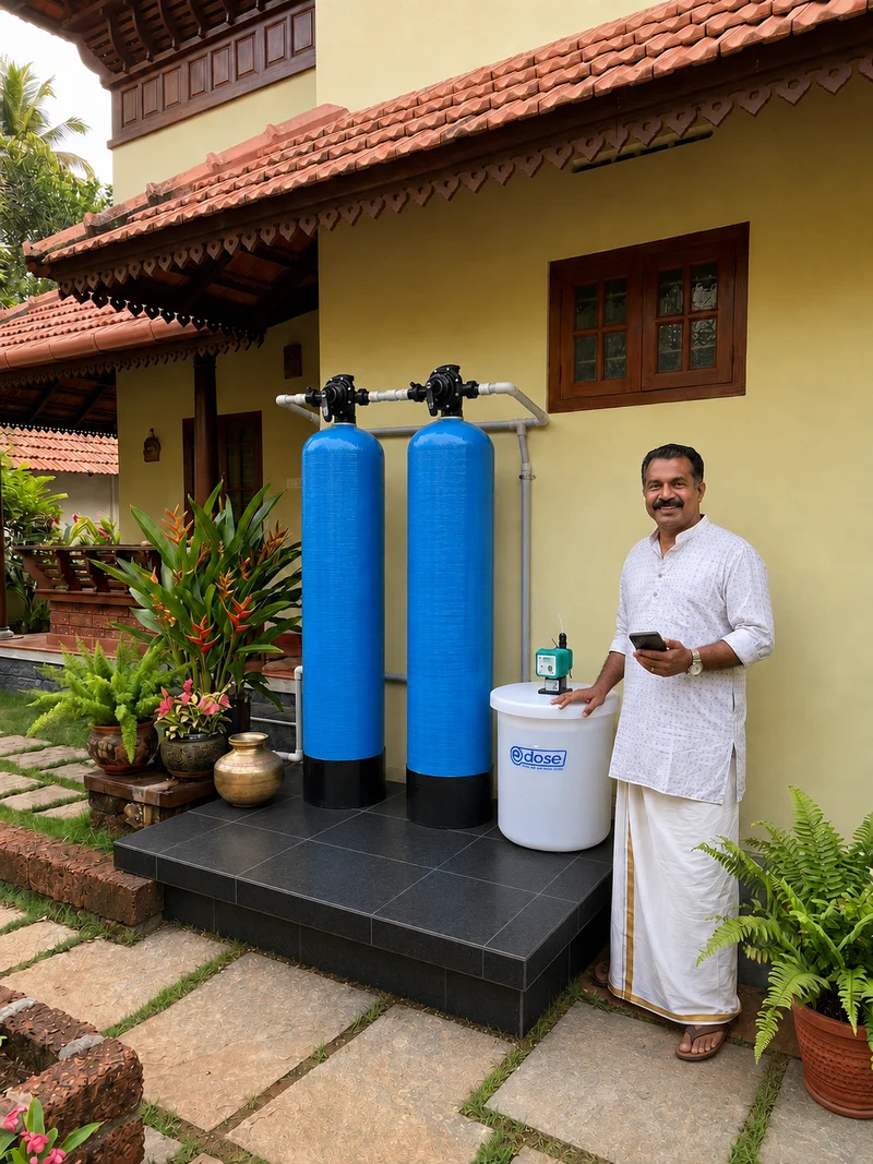 കേരളത്തിലെ ഒരു വീടിന് പുറത്തുള്ള ഹോൾ ഹൗസ് വാട്ടർ സിസ്റ്റം. ടൈൽ ഇട്ട തറയിൽ രണ്ട് നീല വെസ്സലുകളും ഒരു ഡോസിംഗ് ടാങ്കും. അരികിൽ ഒരാൾ നിൽക്കുന്നു.