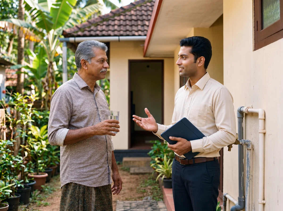 വീടിന്റെ ചുവരിലെ വാട്ടർ പൈപ്പുകൾക്ക് അരികിൽ രണ്ട് പേർ സംസാരിക്കുന്നു. ഒരാളുടെ കയ്യിൽ ഒരു ഗ്ലാസ് വെള്ളം.